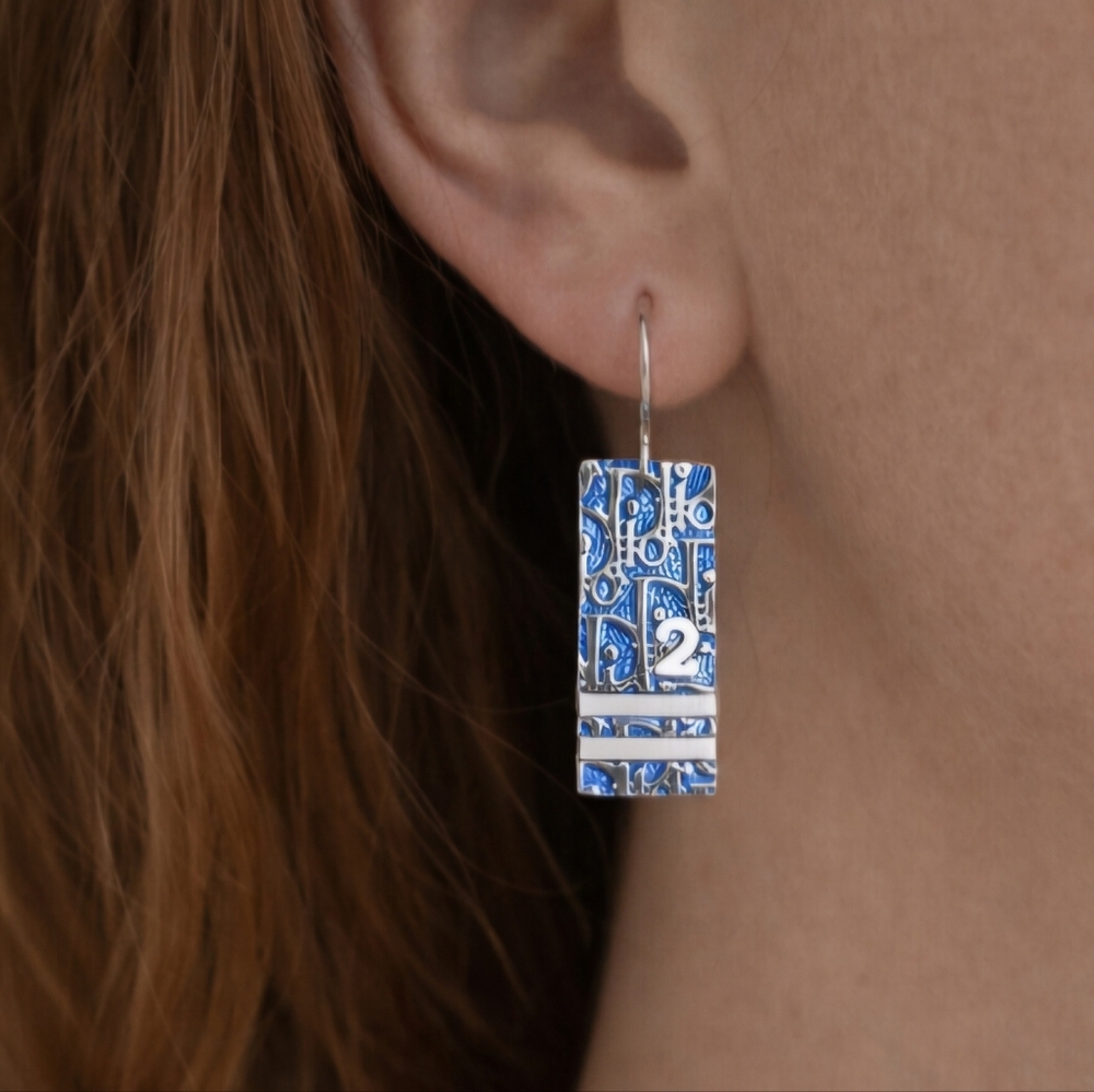 Dior Trotter Oblique Blue & Silver Number 2 Rectangular Hook Earrings